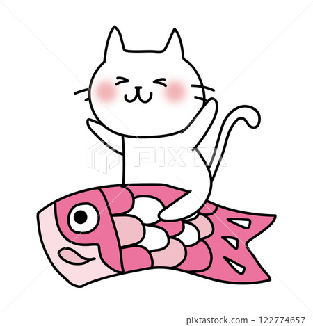 一隻白貓跨在鯉魚旗上 122774657