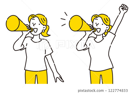 Set of young women cheering with megaphone 122774833