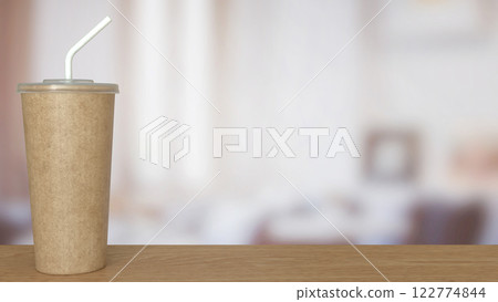 Coffee paper cup on wood Table 3d Rendering. 122774844