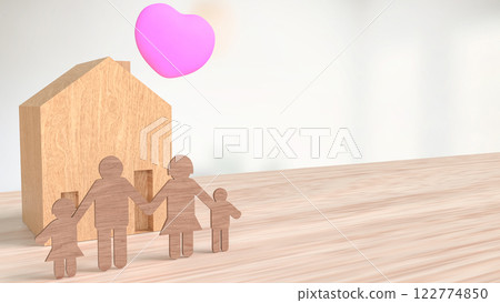 The Wood House and Pink Heart for family or property concept 3d Rendering. 122774850