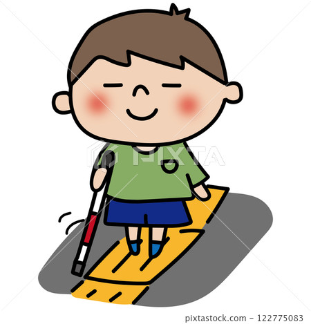 A boy with a white cane walking on braille blocks 122775083