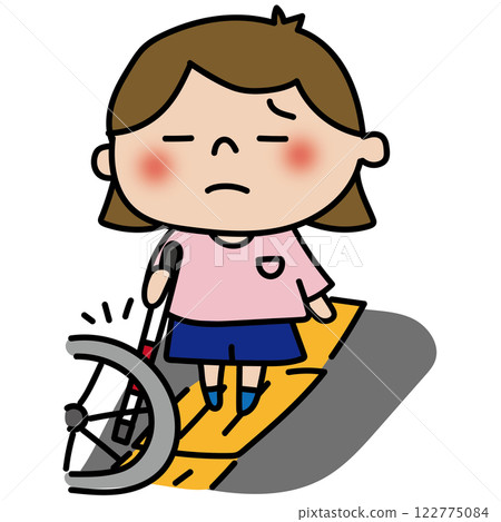 A child (girl) with a white cane is unable to pass due to a bicycle blocking her path. 122775084