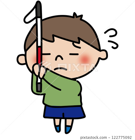 A boy with a white cane making an SOS sign 122775092