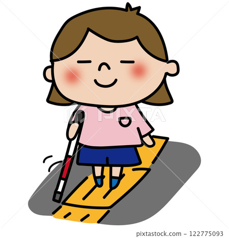 A child (girl) with a white cane walking on braille blocks A child (girl) with a white cane walking on braille blocks 122775093