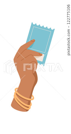 Hand holding ticket icon. Gesture of ticket exchange. Flat graphic style, visual concept, suitable for use in travel, event management, or any service related to ticketing. Hand holding ticket icon. Gesture of ticket exchange. Flat graphic style, visual concept, suitable for use in travel, event management, or any service related to ticketing. 122775106