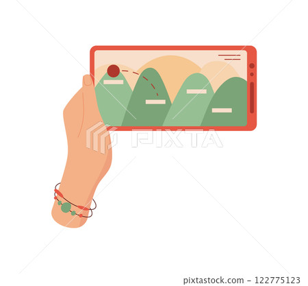 A hand holds a smartphone displaying a game on the screen. A user interacts with the phone and plays through digital app. Engaging with mobile technology, flat design, ideal for social media and A hand holds a smartphone displaying a game on the screen. A user interacts with the phone and plays through digital app. Engaging with mobile technology, flat design, ideal for social media and 122775123