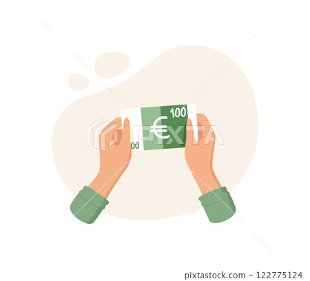 Hand hold euro banknote. Cash in human palm represents payment. Finance concept, digital style, potential usage in financial articles and business presentations. 122775124
