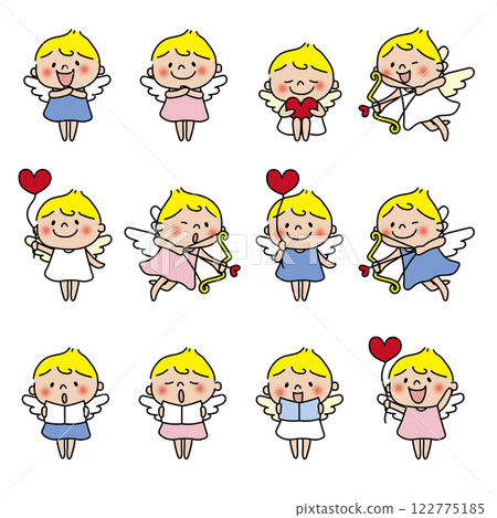 一組兒童天使拿著心型氣球，射出心型的弓箭 122775185