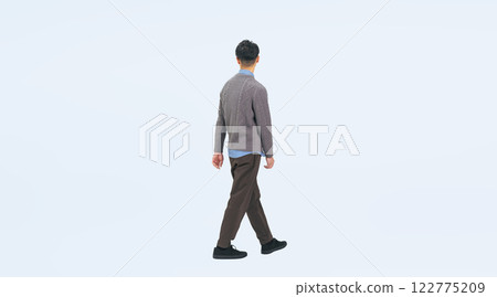 Full-body photo of a middle-aged man in casual clothing walking from the back 122775209