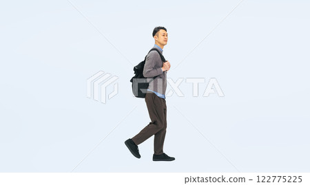 Full-body photo of a middle-aged man in casual clothing walking with a backpack Full-body photo of a middle-aged man in casual clothing walking with a backpack 122775225