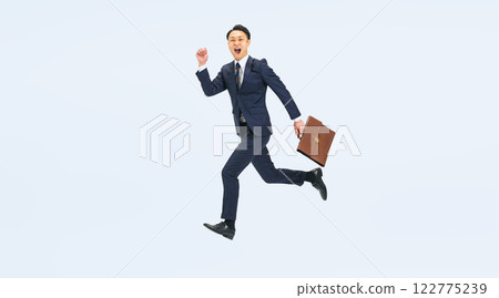 Full body photo of a middle-aged male business person jumping 122775239