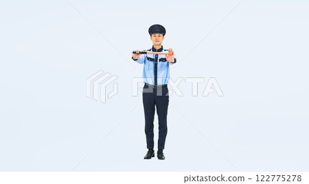 Full-body photo of a middle-aged male security guard directing traffic 122775278