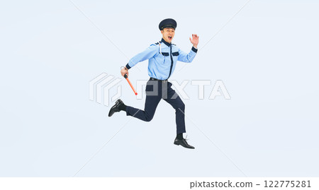 Full body photo of a middle-aged male security guard jumping 122775281