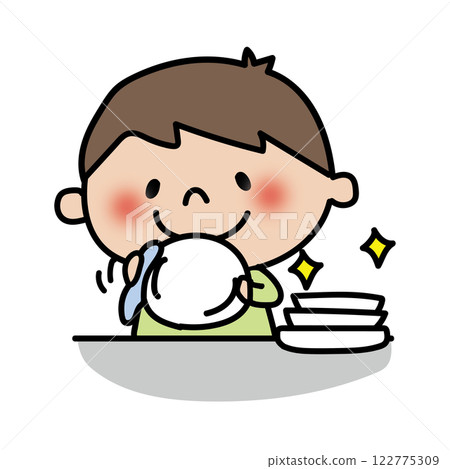 一個男孩幫忙擦盤子 一個男孩幫忙擦盤子 122775309