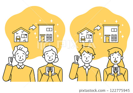 一對夫婦成功重建、翻新和翻新父母房屋問題的向量插圖集。 122775945