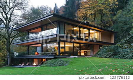 Modern glass house in forested landscape with autumn foliage. Country house in eco-friendly place 122776112