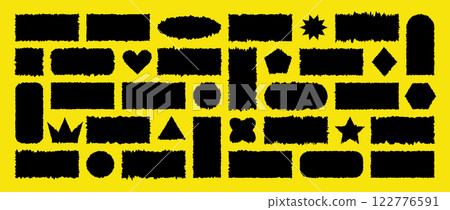 Jagged Rectangle. Set of torn paper pieces. Textured grunge element bundle for collage, text box, banner, sticker. Vector illustration isolated on yellow background 122776591