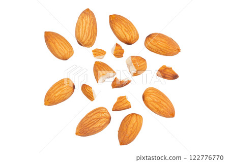 Top view Almonds isolated on a white background 122776770