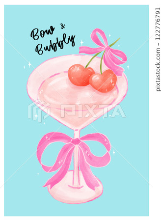Coquette Cocktail Glass with Pink Bow and Heart Cherries Watercolor 122776791