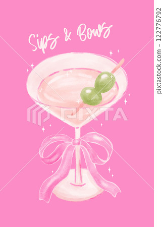 Coquette Cocktail Glass with Pink Ribbon Bow and Green Olives Watercolor 122776792