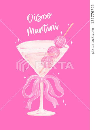 Coquette Disco Bal Martini Glass with Pink Ribbon Bow Watercolor Coquette Disco Bal Martini Glass with Pink Ribbon Bow Watercolor 122776793