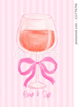 Coquette Red Wine Glass with Pink Ribbon Bow Watercolor Coquette Red Wine Glass with Pink Ribbon Bow Watercolor 122776798