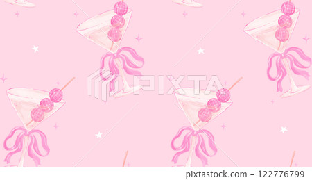 Seamless Pattern Coquette Disco Ball Martini Glass with Pink Ribbon Bow Watercolor isolated 122776799