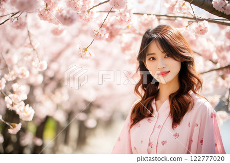 Portrait of young Asian woman enjoying spring serene moment in blooming Japanese park. 122777020