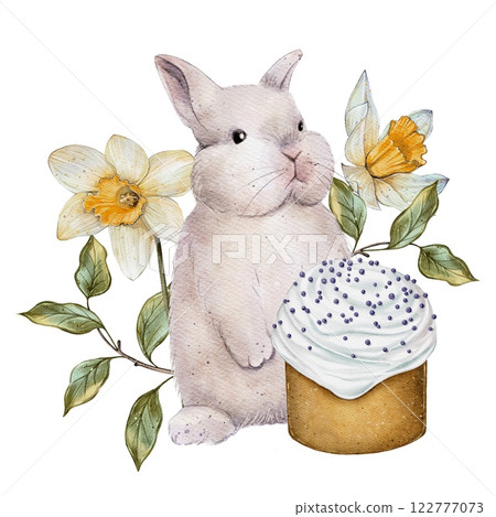 Bunny with Cupcake and Spring Flowers Bunny with Cupcake and Spring Flowers 122777073