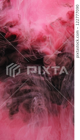 Mist swirl. Paint splash water. Defocused pink color dye haze texture cloud floating wave on dark black abstract art background. 122777090