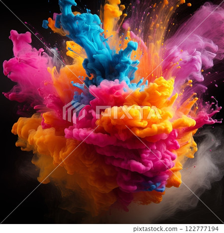 Explosive vibrant paint splash with multicolored dynamic strokes on a dark background. 122777194