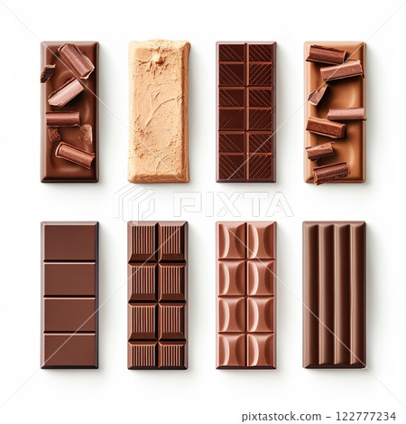 A Delicious Set of Eight Chocolate Bars Featuring Unique and Creative Patterns on Each Bar. 122777234