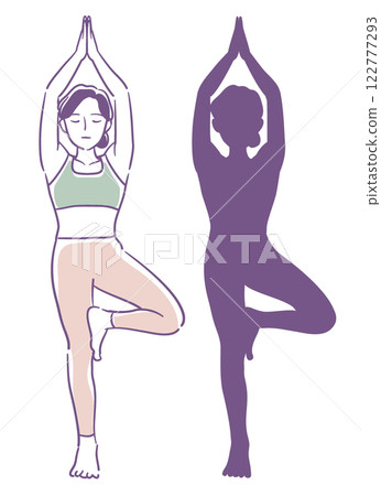 女性瑜珈姿勢及其輪廓。向量插圖。 122777293