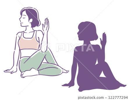 女性瑜珈姿勢及其輪廓。向量插圖。 122777294