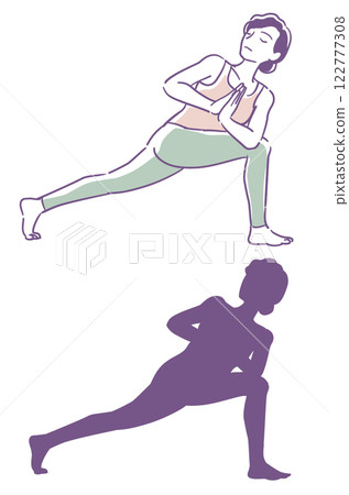 女性瑜珈姿勢及其輪廓。向量插圖。 122777308