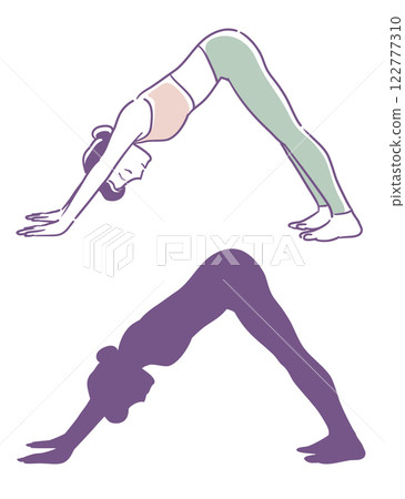 女性瑜珈姿勢及其輪廓。向量插圖。 122777310