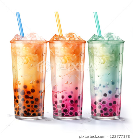 bubble tea drinks in pastel shades with tapioca pearls, it's in the background. 122777378