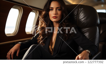 Portrait of an american business woman sitting in private jet seat. 122777392