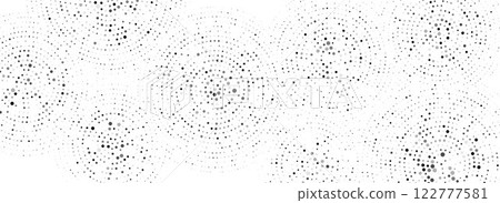 Black dotted concentric circle pattern. Radial halftone abstract drop wallpaper. Rippled sound wave ring background. Circular particle texture for flyer, poster, presentation. Vector backdrop 122777581