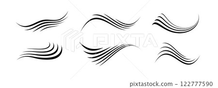 Flowing wind motion line set. Air wave shape collection. Blowing hurricane, breeze or storm lines concept. Black swirls, curves and spirals bundle. Air movement and gust symbol pack. Vector  122777590