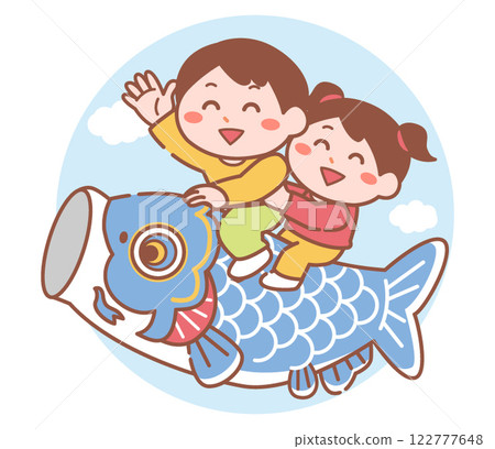 男孩和女孩騎在鯉魚旗上 122777648