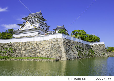 The beautiful Kishiwada Castle tower standing out against the inner moat (Kishiwada City, Osaka Prefecture) 122778236