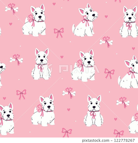 Seamless pattern with cute white Scottish terriers with pink bows. Vector graphics. Seamless pattern with cute white Scottish terriers with pink bows. Vector graphics. 122778267