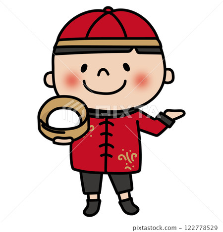 A boy wearing Chinese clothing and holding a bamboo steamer to guide visitors A boy wearing Chinese clothing and holding a bamboo steamer to guide visitors 122778529