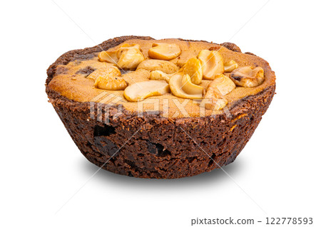 Side view of homemade delicious nut chocolate cake isolated on white background. 122778593