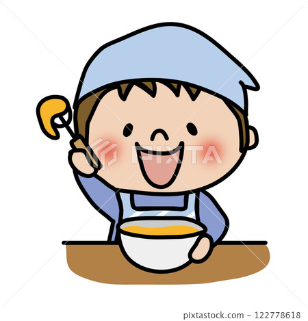 A child (boy 1) wearing an apron and a bandana mixing eggs in a bowl 122778618