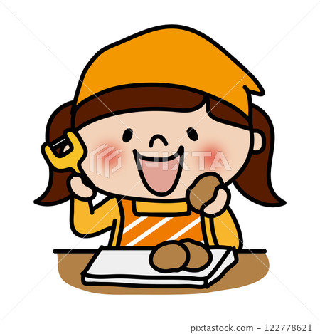 A child (girl 2) wearing an apron and a bandana peeling potatoes 122778621