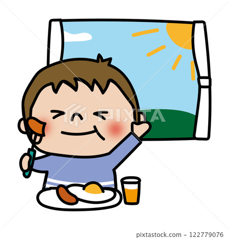 A child (boy 1) eating a Western-style breakfast in front of a window 122779076