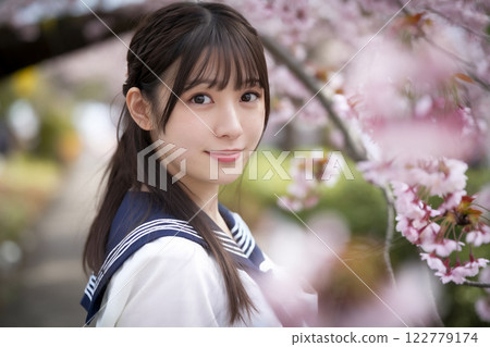 Cherry blossoms and high school girls - Entrance and graduation image - Generative AI 122779174