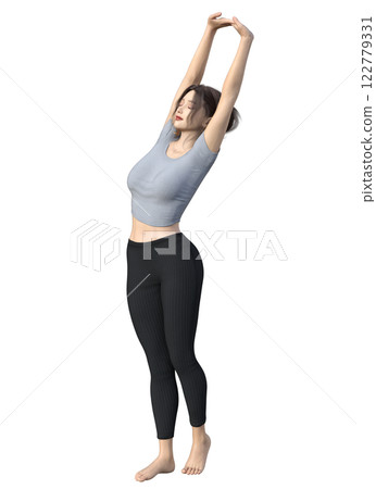 Illustration of a 3D woman standing and stretching in a stretching pose 122779331